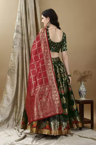 Green Woven Silk Lehenga Choli With Dupatta