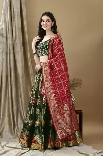 Green Woven Silk Lehenga Choli With Dupatta