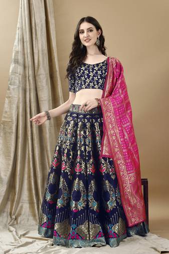 Navy Blue Woven Silk Lehenga Choli With Dupatta