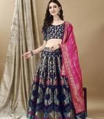Navy Blue Woven Silk Lehenga Choli With Dupatta
