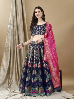 Navy Blue Woven Silk Lehenga Choli With Dupatta 2