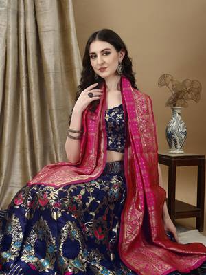 Navy Blue Woven Silk Lehenga Choli With Dupatta 3