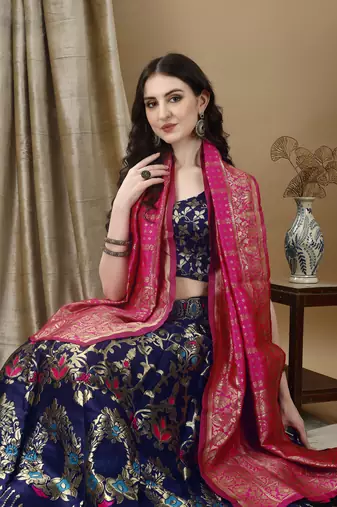 Navy Blue Woven Silk Lehenga Choli With Dupatta