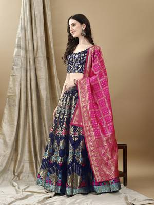 Navy Blue Woven Silk Lehenga Choli With Dupatta 4