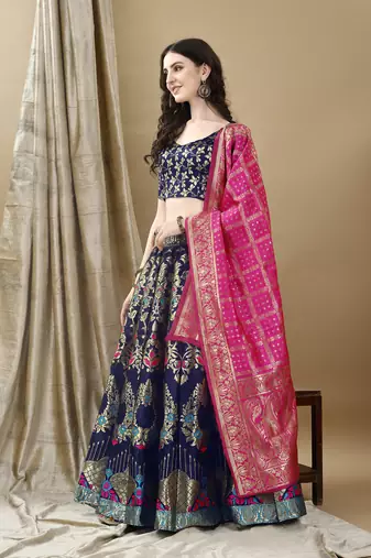 Navy Blue Woven Silk Lehenga Choli With Dupatta