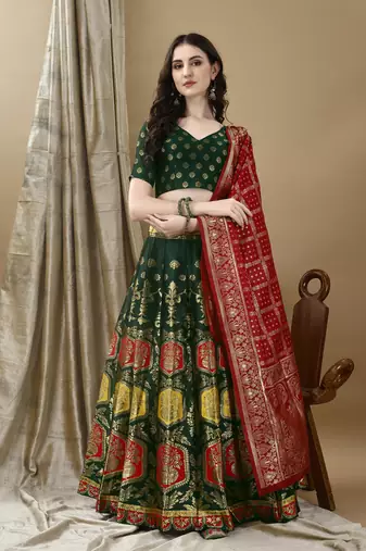 Green Woven Silk Lehenga Choli With Dupatta