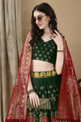 Green Woven Silk Lehenga Choli With Dupatta