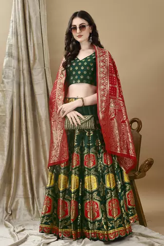 Green Woven Silk Lehenga Choli With Dupatta