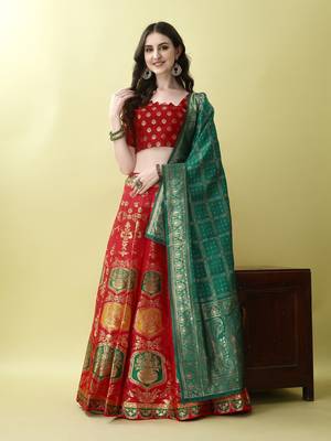 Red Woven Silk Lehenga Choli With Dupatta 1