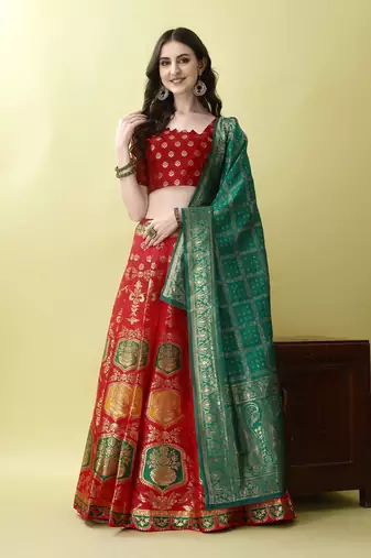 Red Woven Silk Lehenga Choli With Dupatta