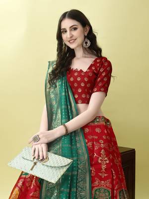 Red Woven Silk Lehenga Choli With Dupatta 3