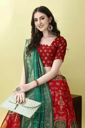 Red Woven Silk Lehenga Choli With Dupatta