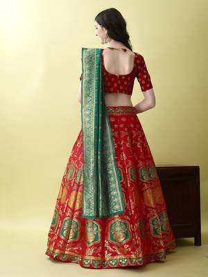 Red Woven Silk Lehenga Choli With Dupatta 4