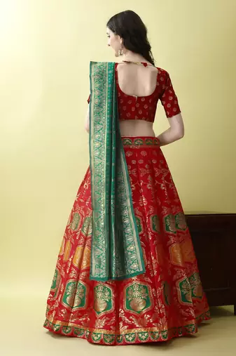 Red Woven Silk Lehenga Choli With Dupatta