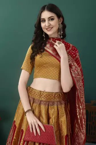 Gold Woven Silk Lehenga Choli With Dupatta