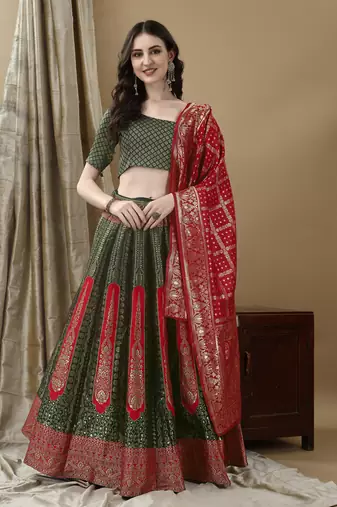 Green Woven Silk Lehenga Choli With Dupatta