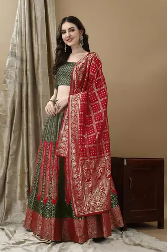 Green Woven Silk Lehenga Choli With Dupatta