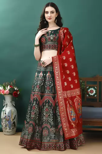 Green Woven Silk Lehenga Choli With Dupatta