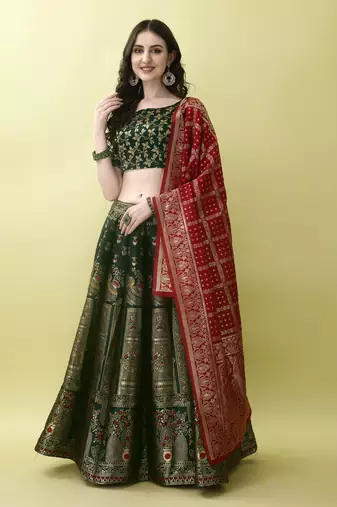 Green Woven Silk Lehenga Choli With Dupatta