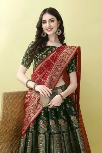 Green Woven Silk Lehenga Choli With Dupatta