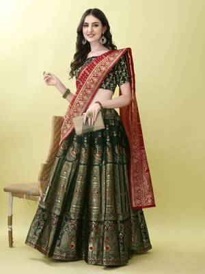 Green Woven Silk Lehenga Choli With Dupatta 4