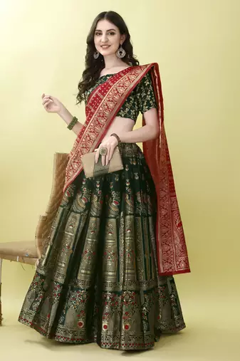 Green Woven Silk Lehenga Choli With Dupatta
