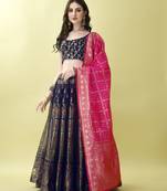 Navy Blue Woven Silk Lehenga Choli With Dupatta