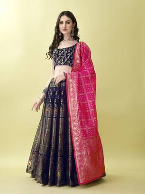 Navy Blue Woven Silk Lehenga Choli With Dupatta 3