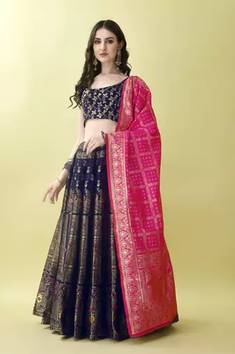 Navy Blue Woven Silk Lehenga Choli With Dupatta