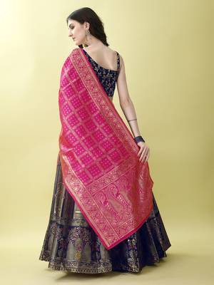 Navy Blue Woven Silk Lehenga Choli With Dupatta 4