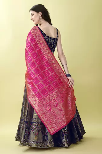 Navy Blue Woven Silk Lehenga Choli With Dupatta