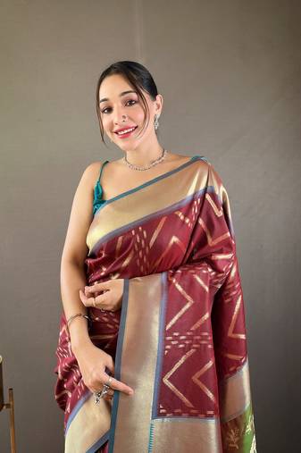 Soft Silk Saree With Beautiful Zig Zag Viscose Zari Design With Zari Patta Saree