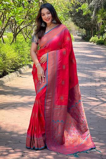 Pink wevon meenakari designer soft silk saree for traditional rich looks