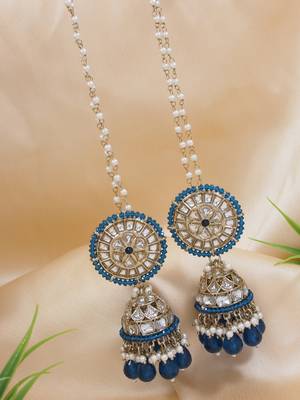 gold plated traditional kundan pearl jhumka earrings with attachable ear chain  1