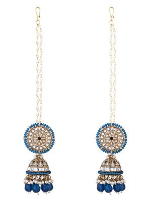 gold plated traditional kundan pearl jhumka earrings with attachable ear chain  2