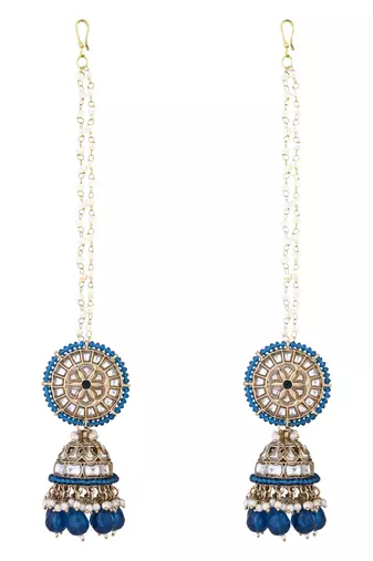 gold plated traditional kundan pearl jhumka earrings with attachable ear chain 