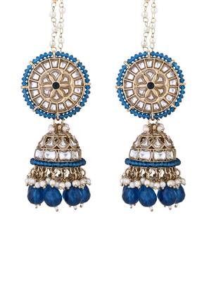 gold plated traditional kundan pearl jhumka earrings with attachable ear chain  3