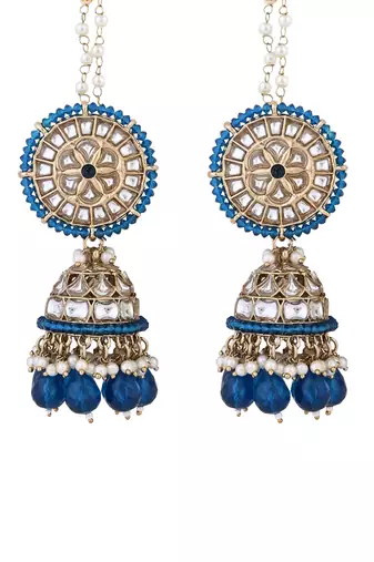gold plated traditional kundan pearl jhumka earrings with attachable ear chain 