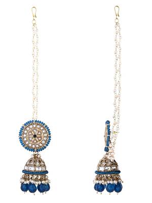 gold plated traditional kundan pearl jhumka earrings with attachable ear chain  4