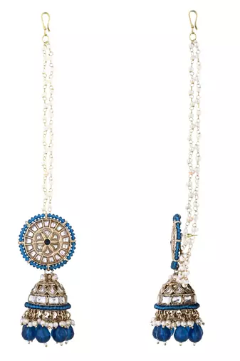 gold plated traditional kundan pearl jhumka earrings with attachable ear chain 