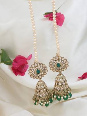 traditional kundan & pearl jhumka earrings with attachable ear chain for women  1