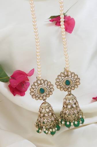 traditional kundan & pearl jhumka earrings with attachable ear chain for women 