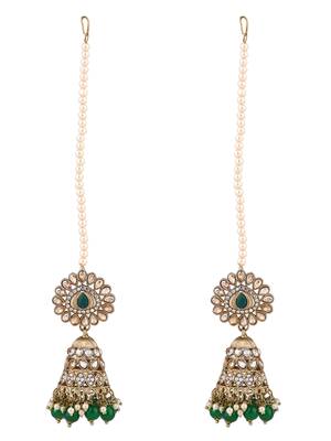 traditional kundan & pearl jhumka earrings with attachable ear chain for women  2