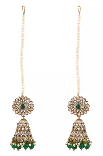 traditional kundan & pearl jhumka earrings with attachable ear chain for women 