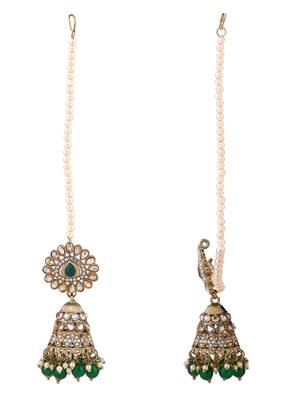traditional kundan & pearl jhumka earrings with attachable ear chain for women  3