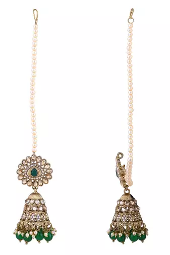 traditional kundan & pearl jhumka earrings with attachable ear chain for women 
