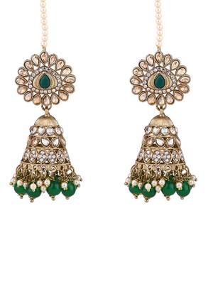 traditional kundan & pearl jhumka earrings with attachable ear chain for women  4