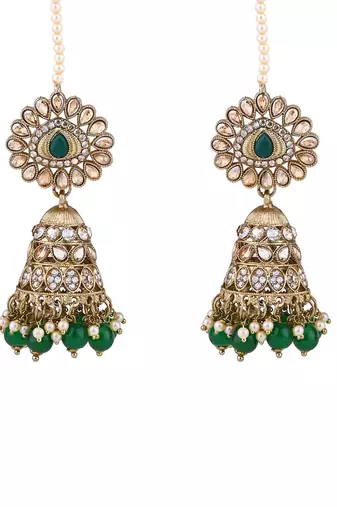 traditional kundan & pearl jhumka earrings with attachable ear chain for women 