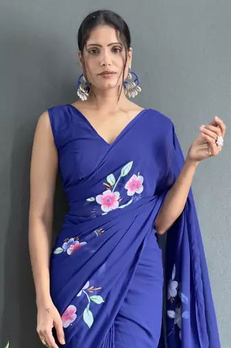 pre draped blue faux georgette hand printed saree