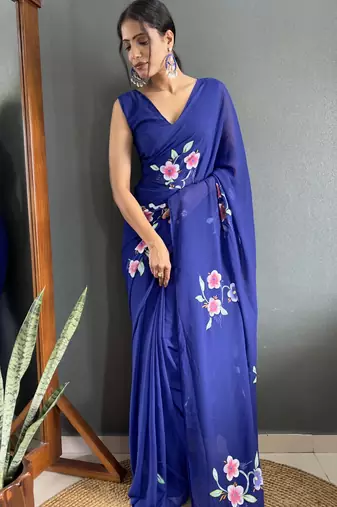 pre draped blue faux georgette hand printed saree